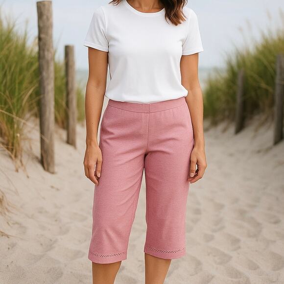 2/$15 Alfred Dunner Garden Party Linen Cropped Pants Pink Eyelet Size 12P - Picture 1 of 7